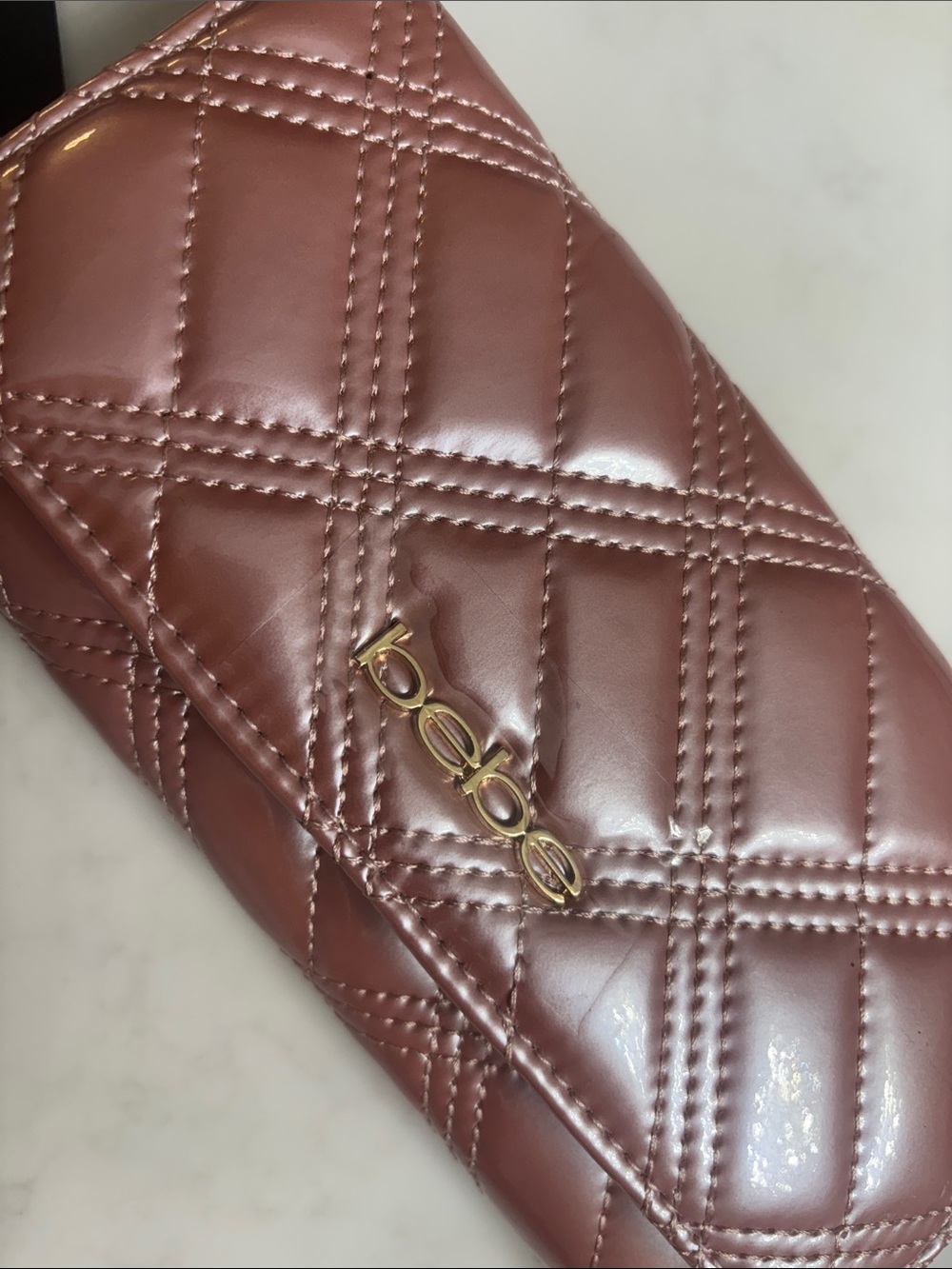 bebe Quilted Clutch in Mauve Brown with Gold Hardware